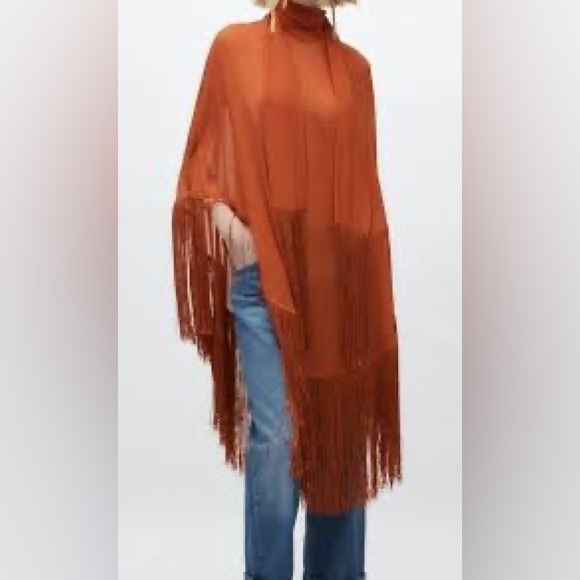 BLOGGERS FAV ZARA SHEER HIGH COLLAR FRINGE CAPE TOP - Picture 6 of 10